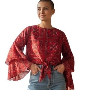 Altar'd State Tie Front Blouse XS Red Bandana Paisley‎ Bell Sleeve Top